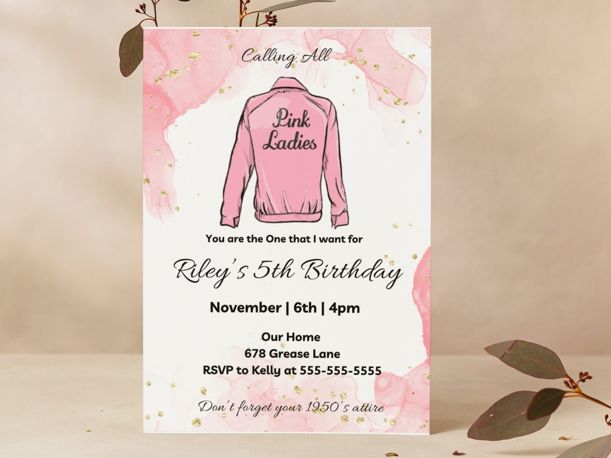 Grease Birthday Invitation, Pink Ladies Invitation, Children&