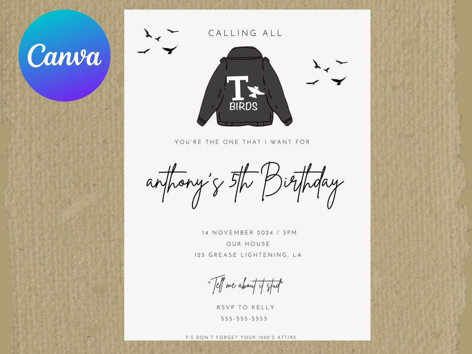 Grease Birthday Invitation, T-Birds Invitation, children&