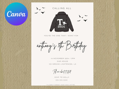 Grease Birthday Invitation, T-Birds Invitation, children&