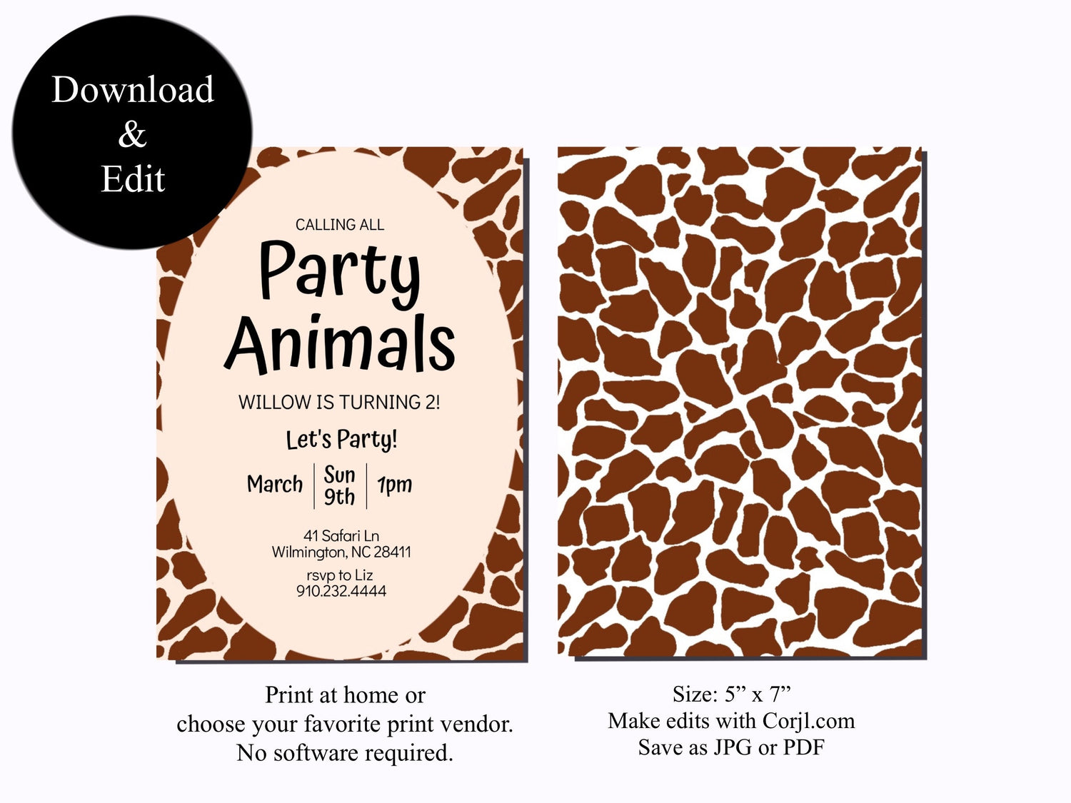 Calling All Party Animals Birthday Invitation Template | Giraffe Print Safari Birthday Invite Editable - Gathering Littles