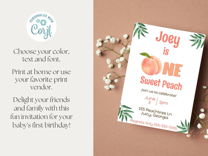 First Birthday Invitation Template Baby is ONE Sweet Peach | Customizable Minimalist First Birthday Invitation - Gathering Littles