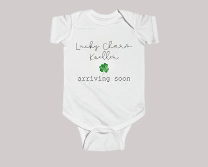 Personalized St Patricks Day Pregnancy Announcement Baby Onesies®- Little Lucky Charm Coming Soon Irish Baby Pregnancy Announcement - Gathering Littles