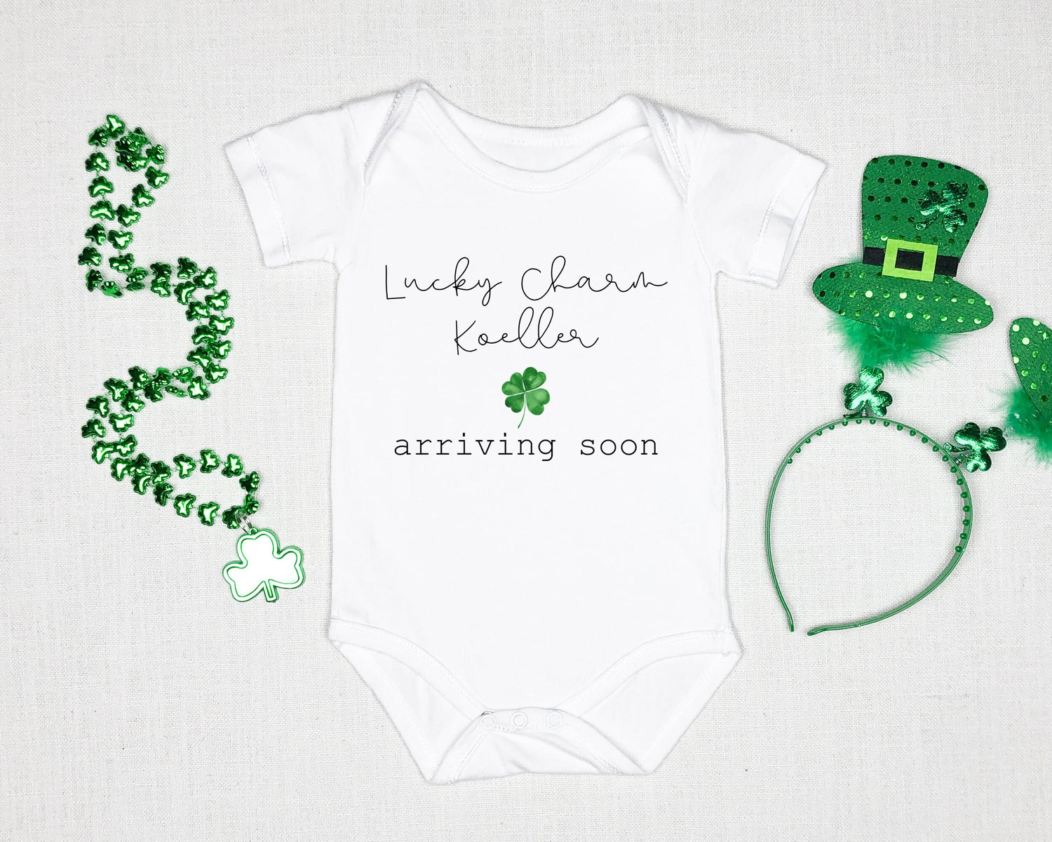 Personalized St Patricks Day Pregnancy Announcement Baby Onesies®- Little Lucky Charm Coming Soon Irish Baby Pregnancy Announcement - Gathering Littles