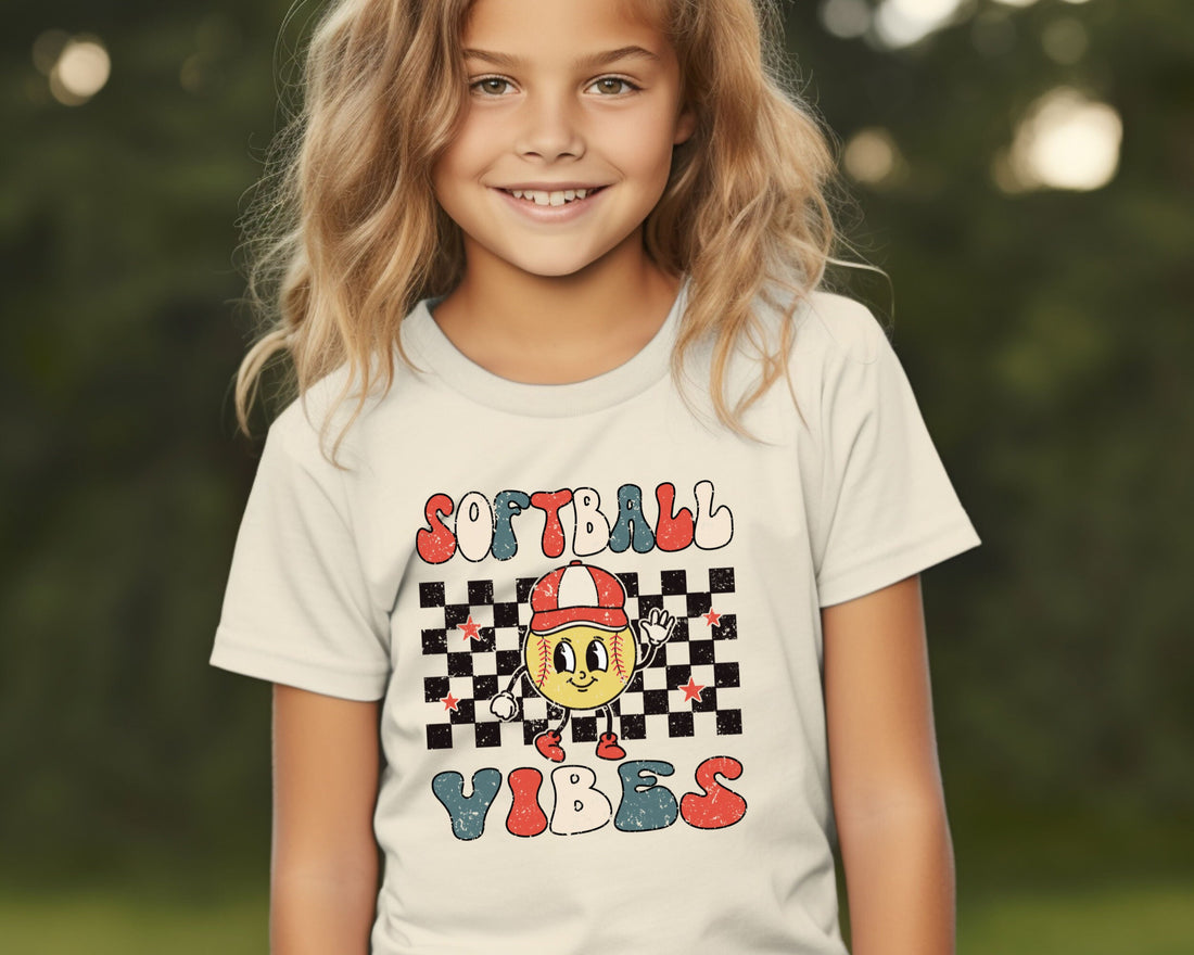 Softball Vibes Shirt - Retro Sports Kids Tee - Boys Natural Summer Shirt - Kids Softball Shirt - Women&