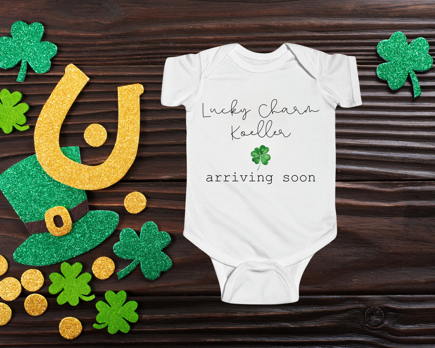 Personalized St Patricks Day Pregnancy Announcement Baby Onesies®- Little Lucky Charm Coming Soon Irish Baby Pregnancy Announcement - Gathering Littles