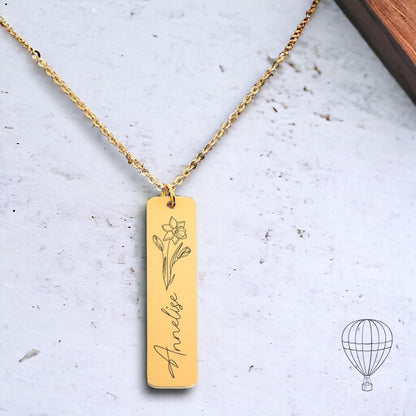 Birth Flower Gift Name Bar Necklace, Personalized Gift for Mom - Gathering Littles