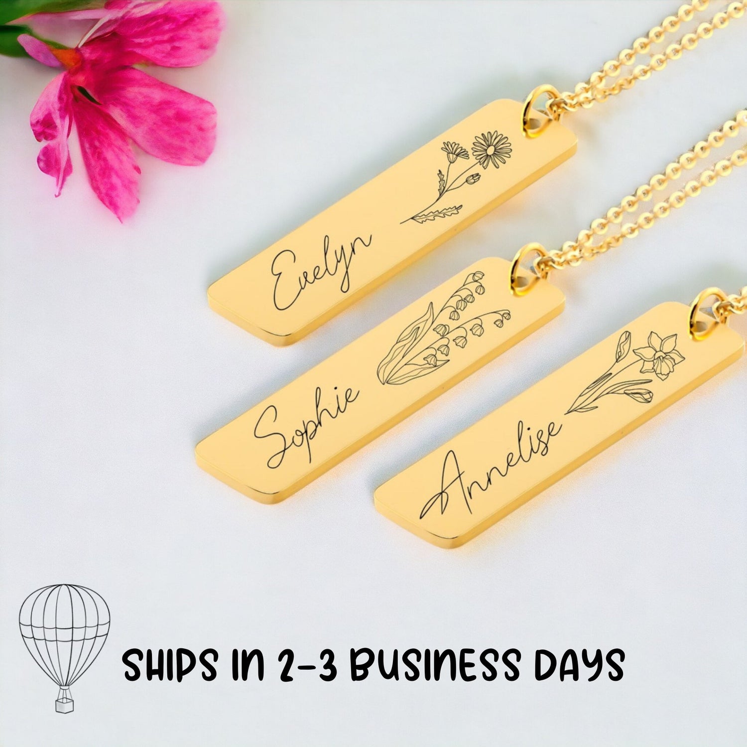 Birth Flower Gift Name Bar Necklace, Personalized Gift for Mom - Gathering Littles