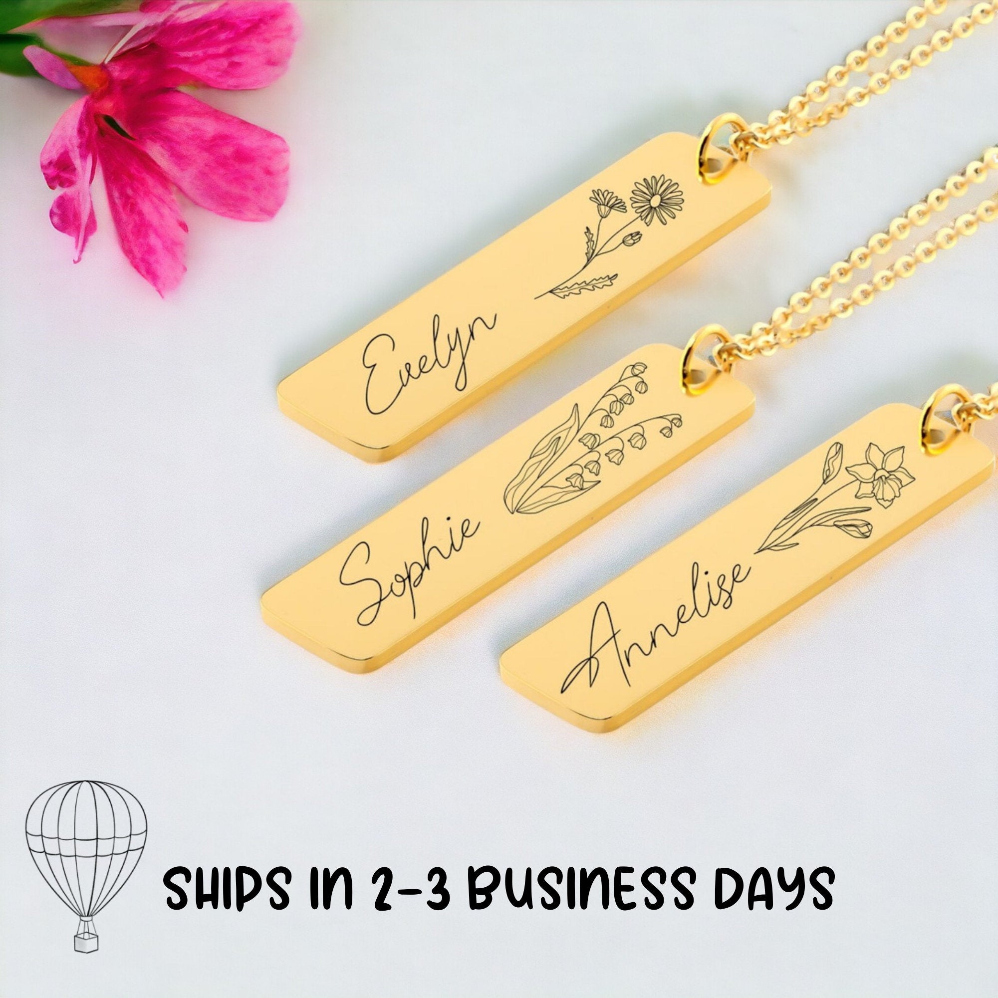 Birth Flower Gift Name Bar Necklace, Personalized Gift for Mom - Gathering Littles