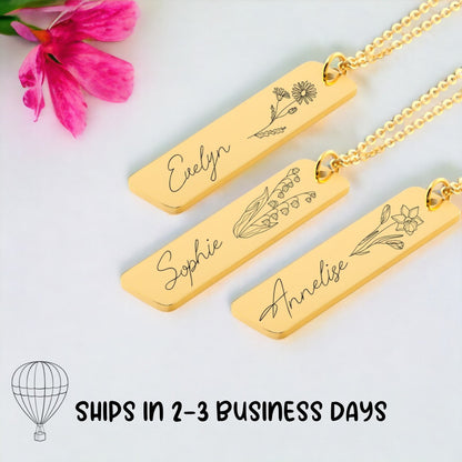 Birth Flower Gift Name Bar Necklace, Personalized Gift for Mom - Gathering Littles