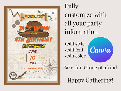 Indiana Jones Birthday Invitation, Adventure Invitation, children&