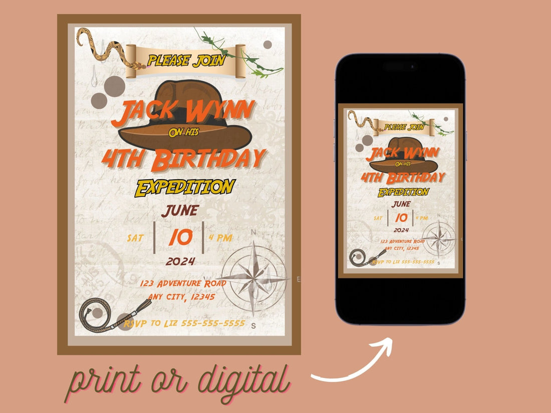 Indiana Jones Birthday Invitation, Adventure Invitation, children&