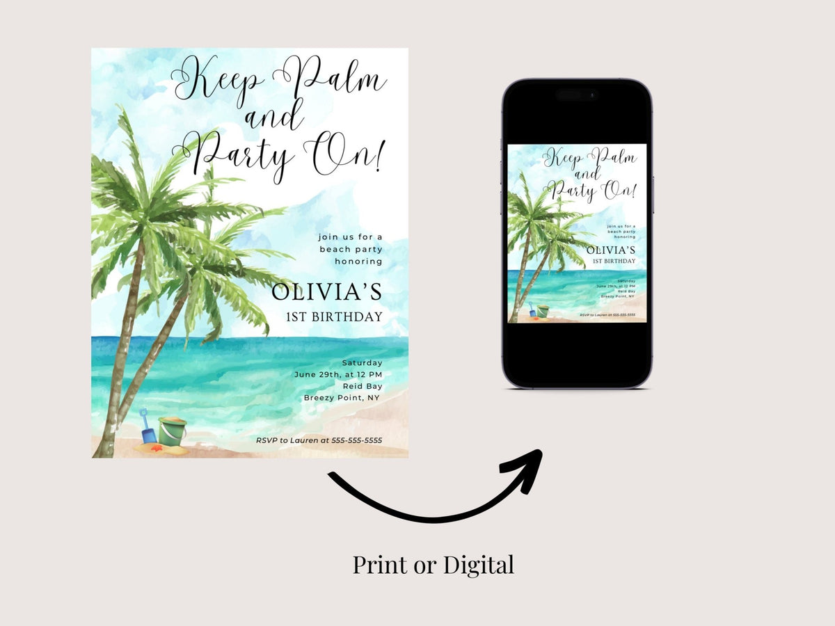 Keep Palm and Party On Birthday Invitation, Beach Party Invitation, Beach Themed Birthday, Children&