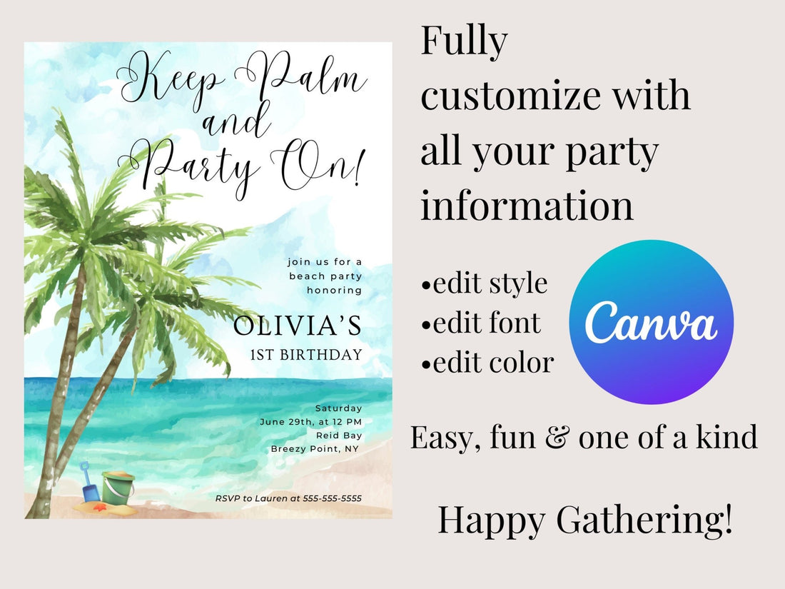 Keep Palm and Party On Birthday Invitation, Beach Party Invitation, Beach Themed Birthday, Children&