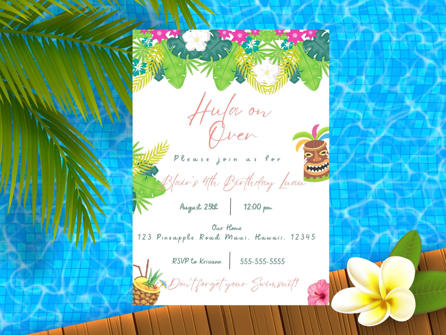 Luau Themed Birthday Invitation, Summer Birthday Invitation, Beach Party, Luau Invitation, Children’s birthday invitation, Pool Partyproduct_type