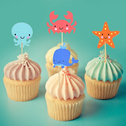 Ocean Animal Cupcake Toppers, Under the Sea Party Cake Flags, Beach Theme Birthday - 24 Pcsproduct_type