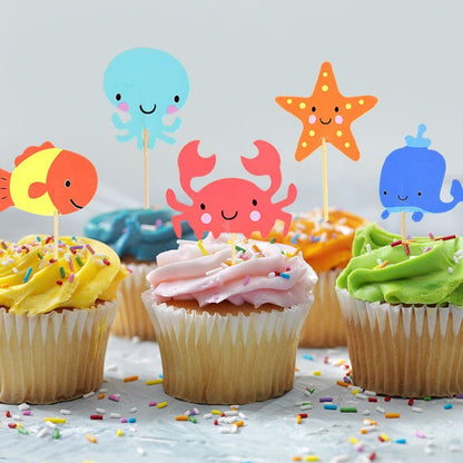 Ocean Animal Cupcake Toppers, Under the Sea Party Cake Flags, Beach Theme Birthday - 24 Pcsproduct_type