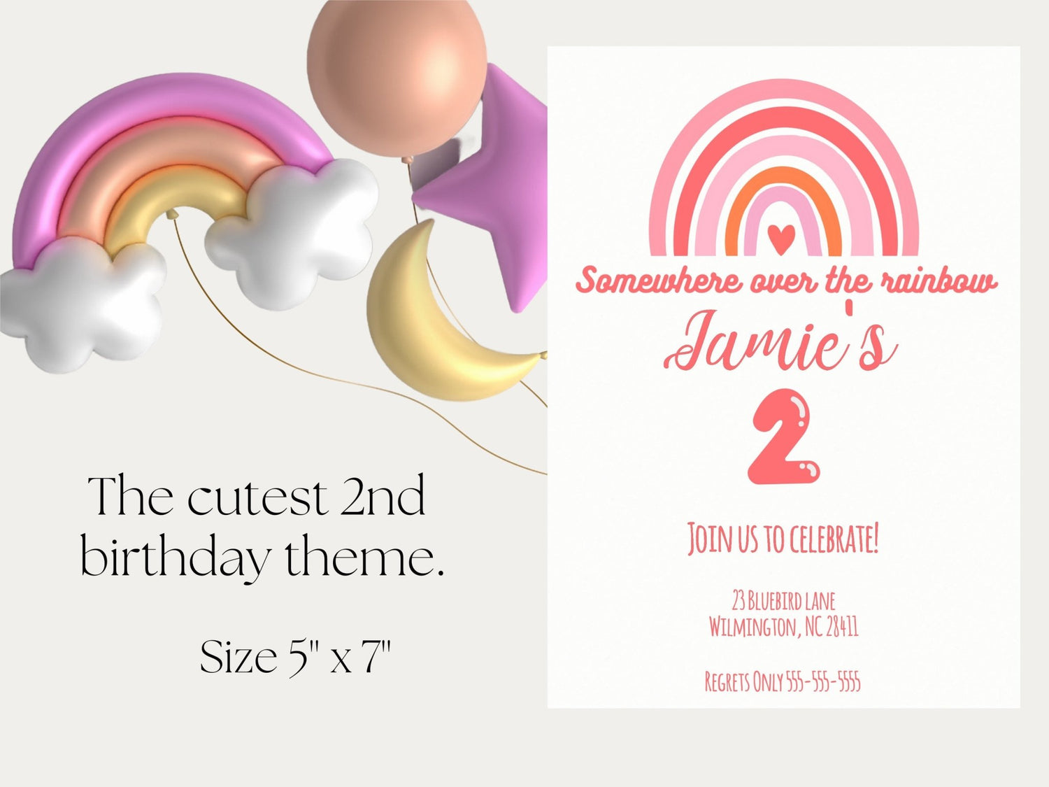 Over the Rainbow 2nd Birthday Invitation | Rainbow Birthday Invite Template | 2nd Birthday Invitation | Fully Customizableproduct_type