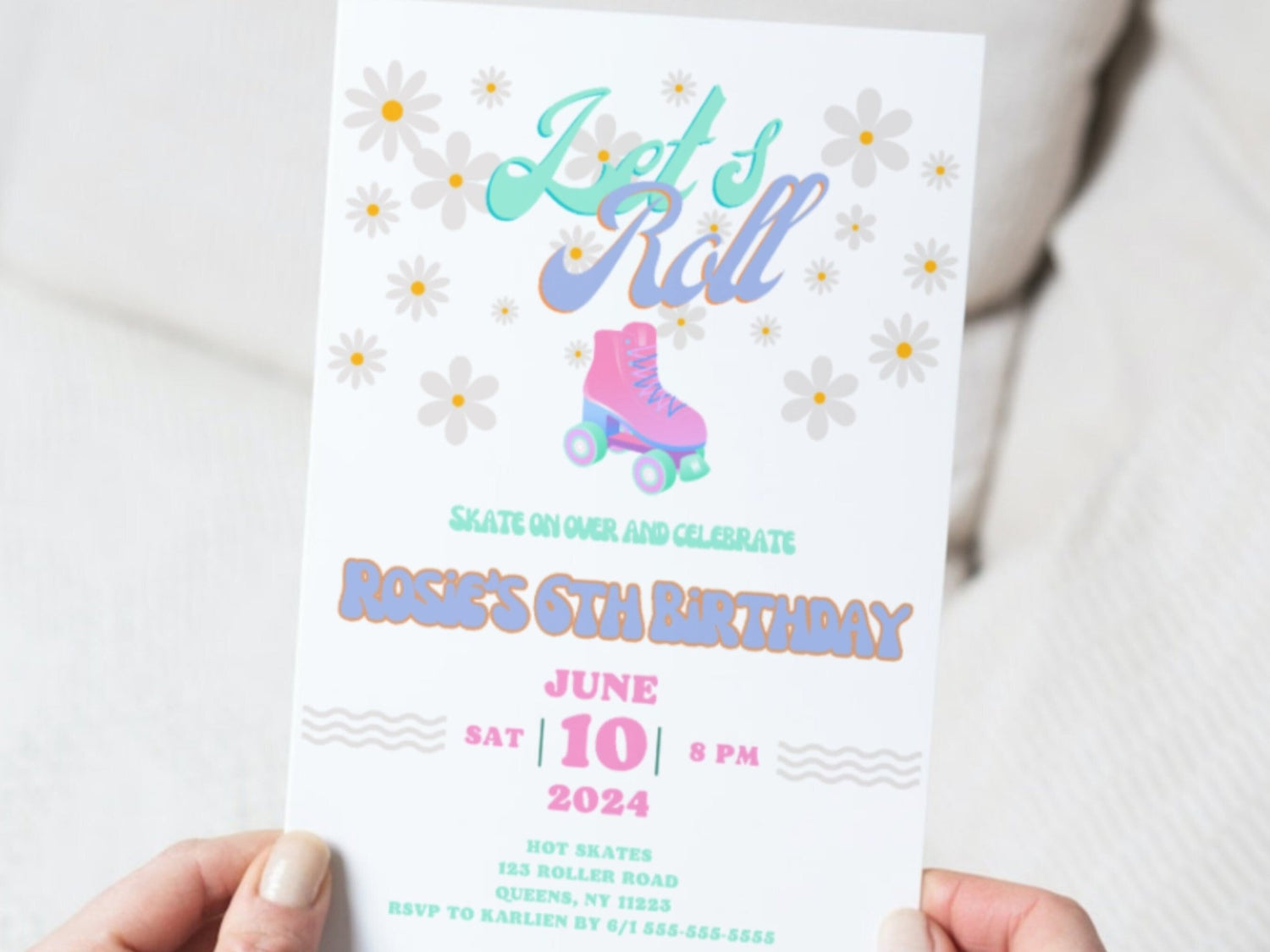 Roller skate Birthday Invitation, girl Birthday Invitation, children&