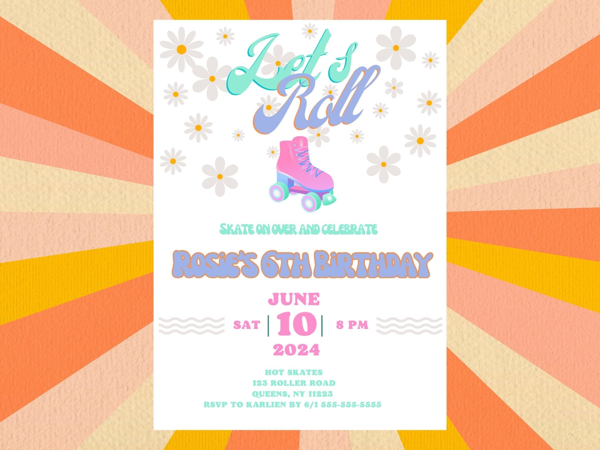 Roller skate Birthday Invitation, girl Birthday Invitation, children&