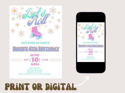 Roller skate Birthday Invitation, girl Birthday Invitation, children&