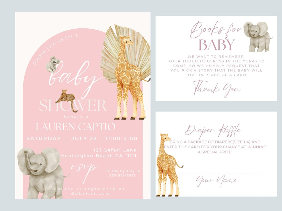 Safari Baby Shower Invitation Bundle, Chic Baby Shower, Digital Baby Shower Invitation, Baby Shower Bundleproduct_type