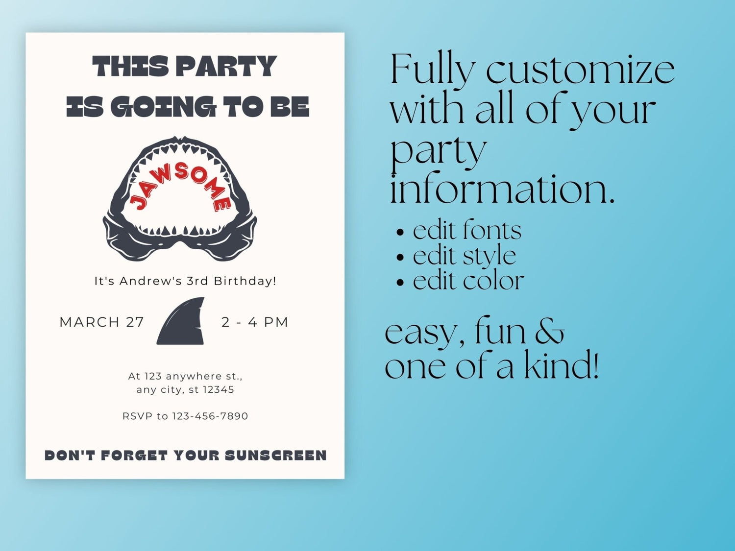 Shark Birthday Invitation, Shark Party Invitation, Shark Themed Birthday, Jawsome Party Invitationproduct_type