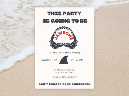 Shark Birthday Invitation, Shark Party Invitation, Shark Themed Birthday, Jawsome Party Invitationproduct_type