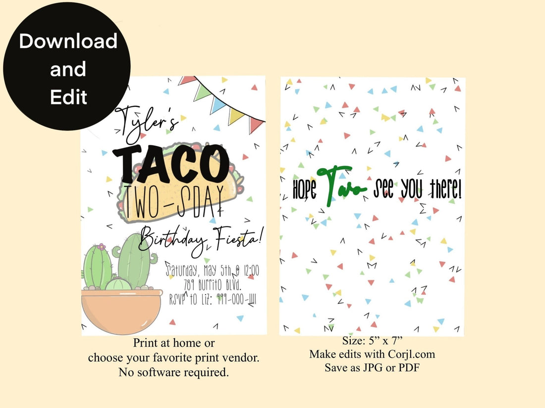 Taco Twosday 2nd Birthday Invitation Template | 2nd Birthday Digital Invitation Template | Fiesta Night Themeproduct_type