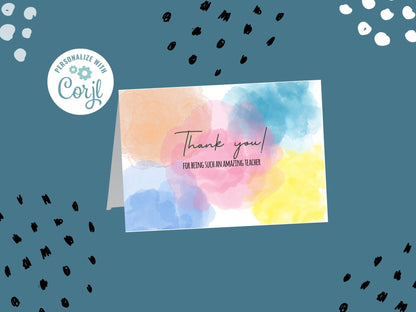 Teacher Appreciation Thank You Card Template, Customizable Watercolor Thank You Card, Cute and Minimal Printable Cardproduct_type