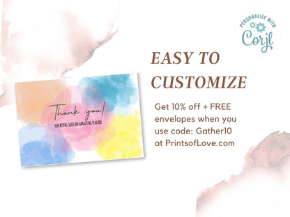 Teacher Appreciation Thank You Card Template, Customizable Watercolor Thank You Card, Cute and Minimal Printable Cardproduct_type