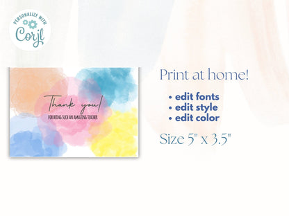 Teacher Appreciation Thank You Card Template, Customizable Watercolor Thank You Card, Cute and Minimal Printable Cardproduct_type