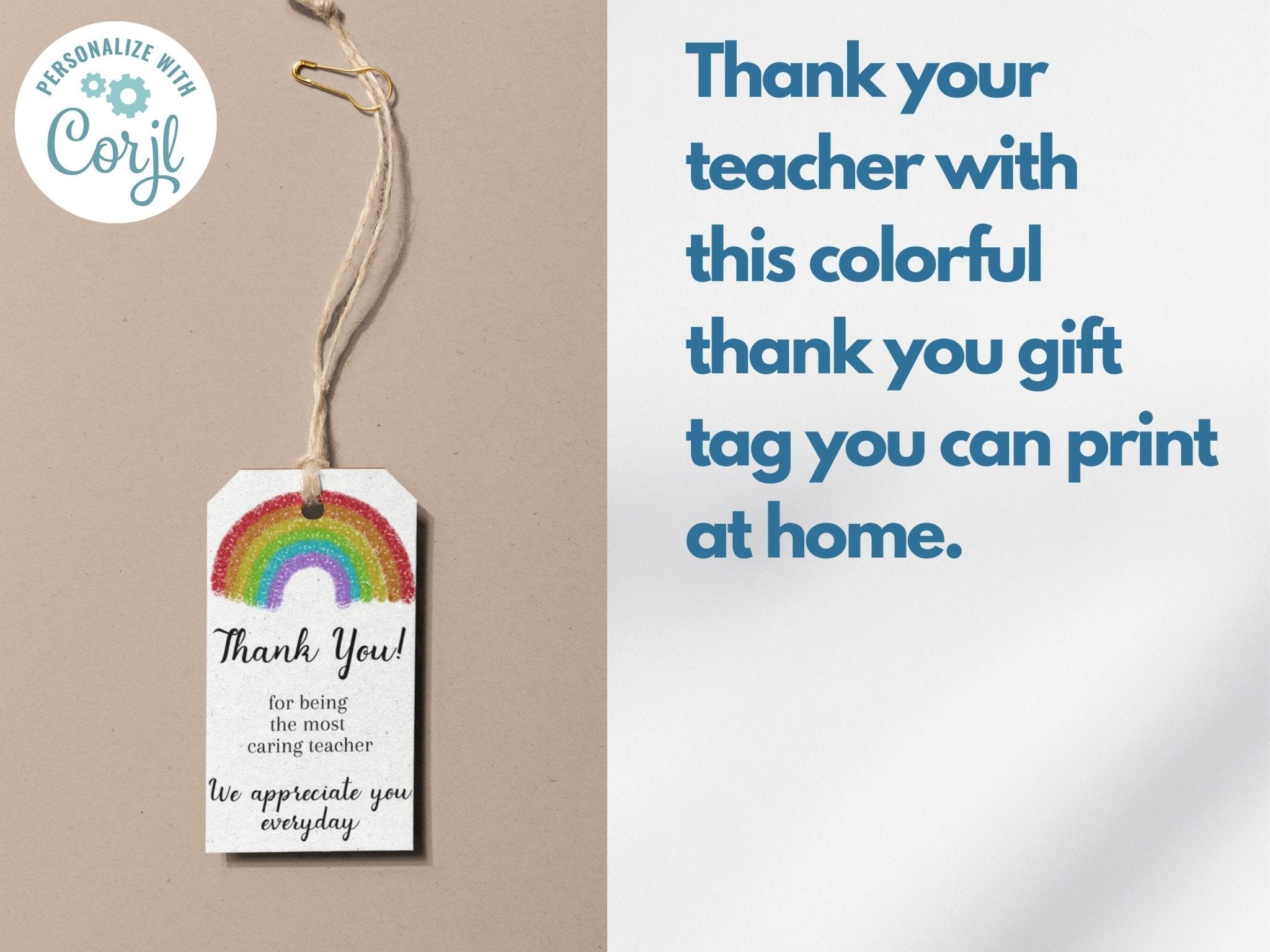 Teacher Appreciation Thank You Gift Tag, Customizable Rainbow Thank You Tag, Cute and Minimal Printable Gift Tagsproduct_type