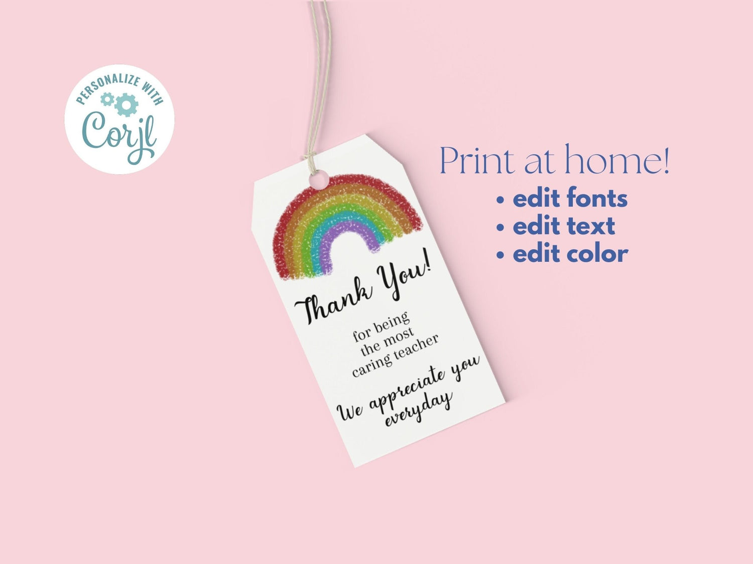 Teacher Appreciation Thank You Gift Tag, Customizable Rainbow Thank You Tag, Cute and Minimal Printable Gift Tagsproduct_type