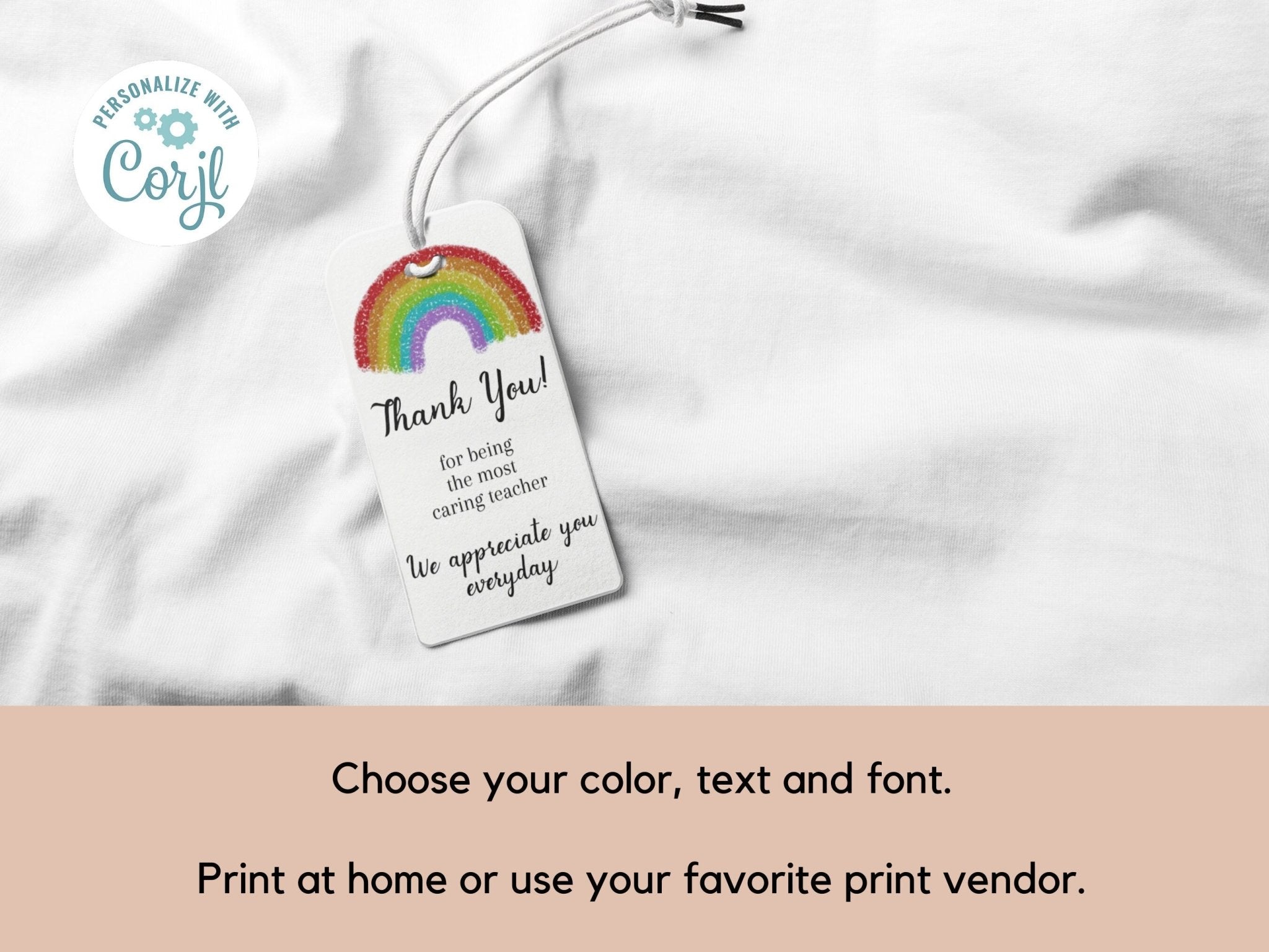 Teacher Appreciation Thank You Gift Tag, Customizable Rainbow Thank You Tag, Cute and Minimal Printable Gift Tagsproduct_type