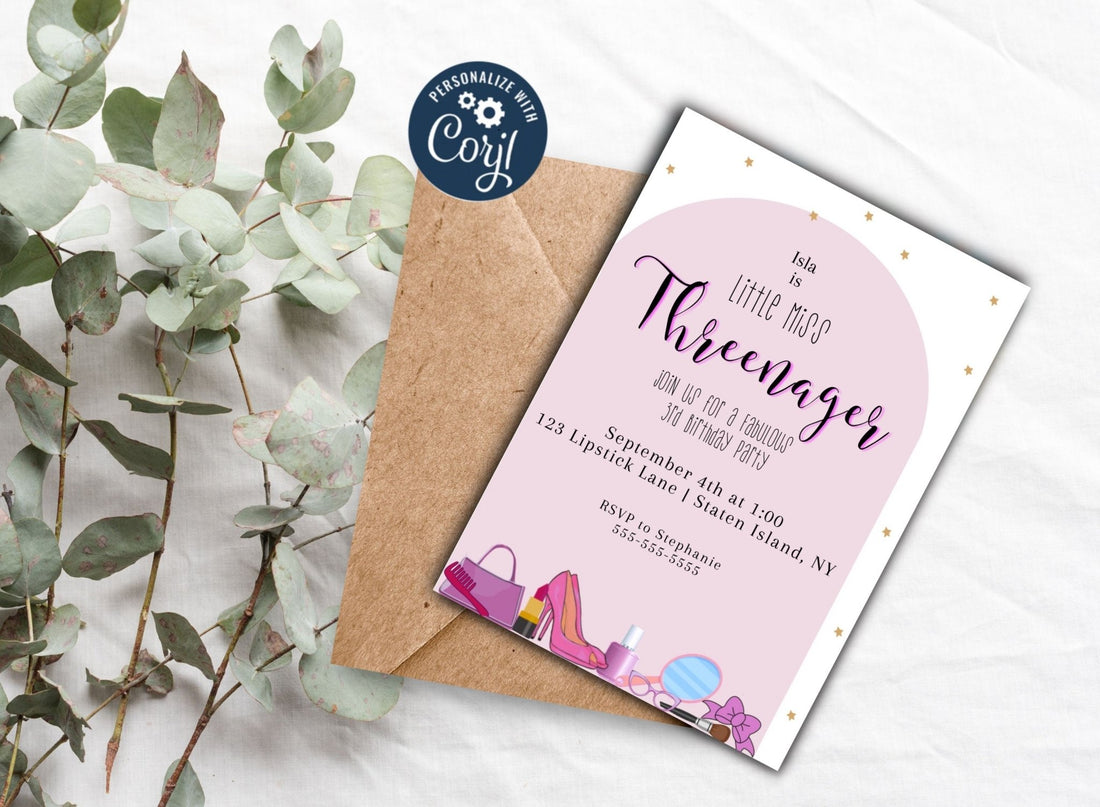 Threenager birthday invitation template | Third Birthday Template | Girly Themeproduct_type